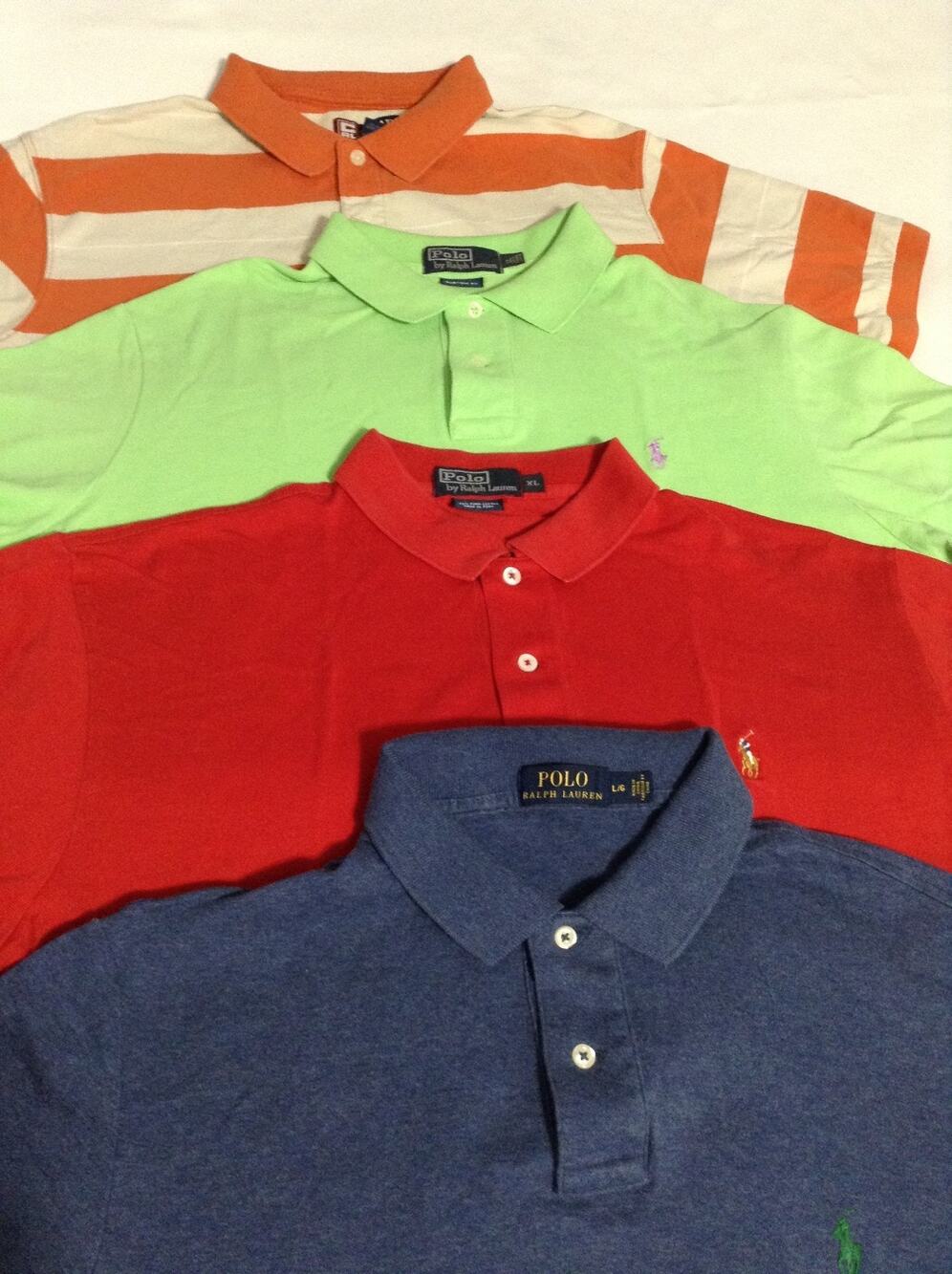 Ralph Lauren Polo Shirt Lot of 4 Men Blue Red Lime Green Orange Stripe L and XL